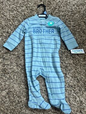 Carter's Blue Striped "Little Brother" Footed One-Piece Sz 3-6 months